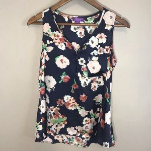 Hale Bob Blouse Blue Floral Sleeveless Top V-Neck
